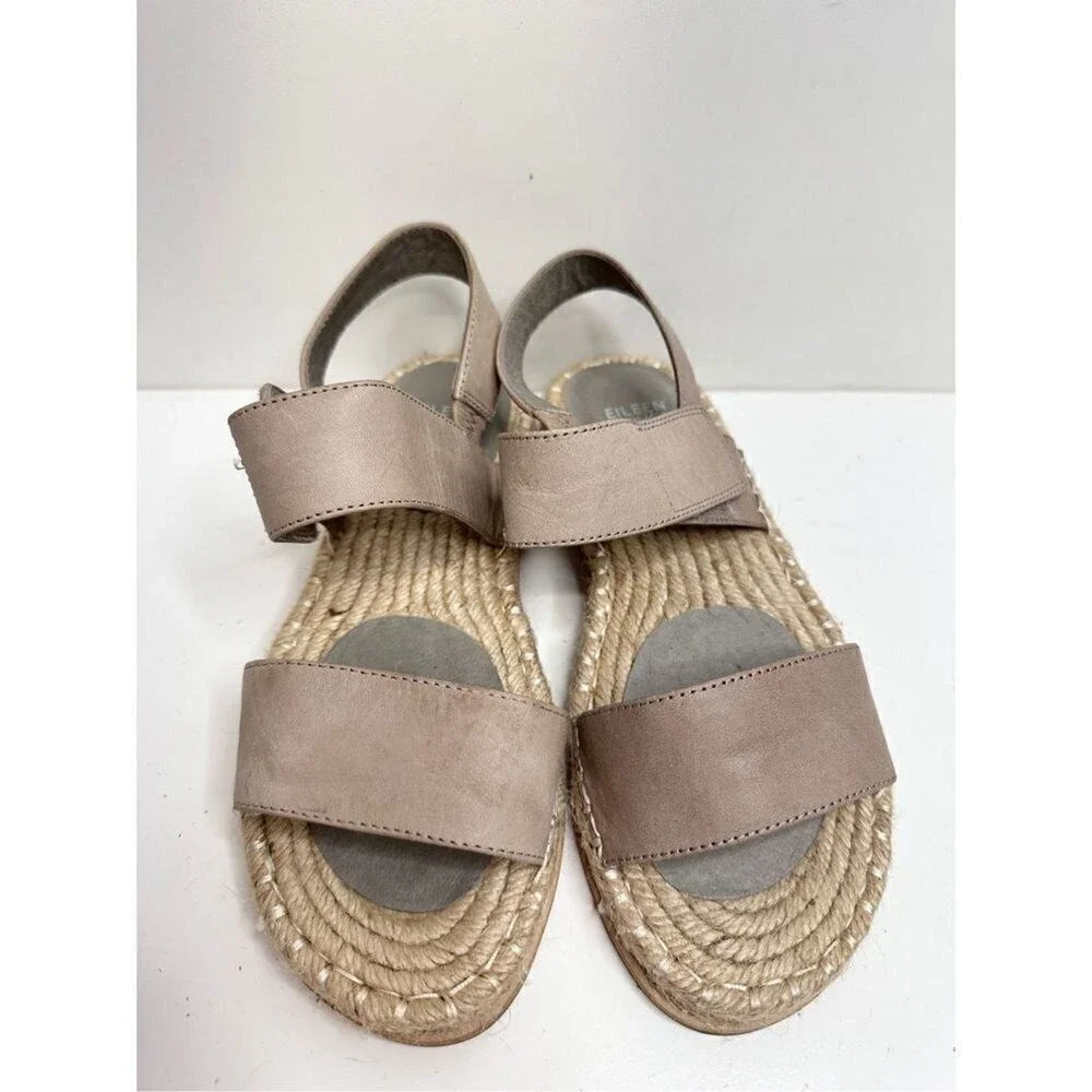 Eileen Fisher Taupe Leather Espadrille Flat‎ Sandals Size 6 Open Toe
